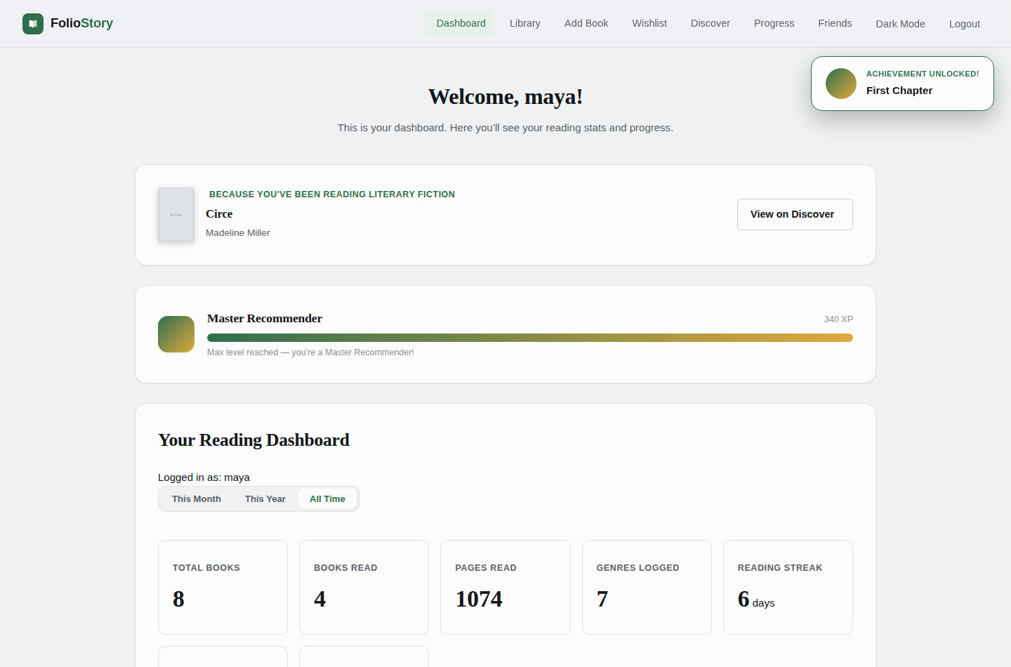 FolioStory dashboard showing total books, books read, pages read, genres logged, and a 6-day reading streak
