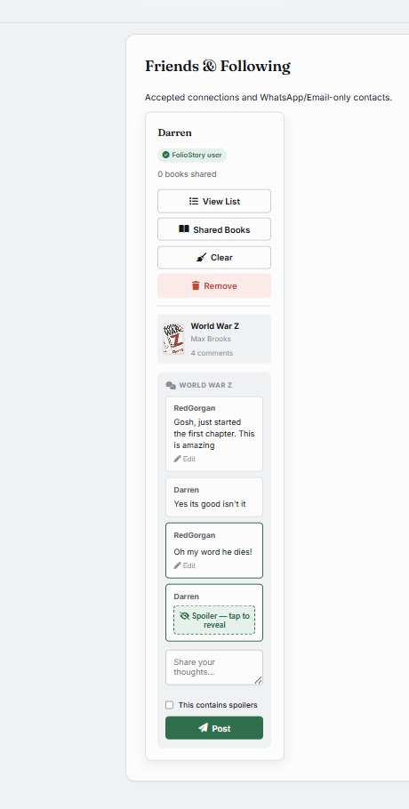 A FolioStory book discussion thread for World War Z, showing comments between two friends with one spoiler comment collapsed behind a reveal button